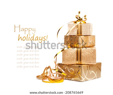 ストックフォト: Beautiful Gift Box In Gold Wrapping Paper Isolated On A White B