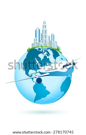 [[stock_photo]]: Earth Icon With Business City And Airbus Isolated On White Back