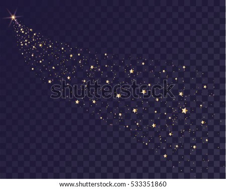 Foto stock: Gold Stars Glittering Trail Of Santas Sleigh Tail Of Comet On Transparent Background In Dark Sky