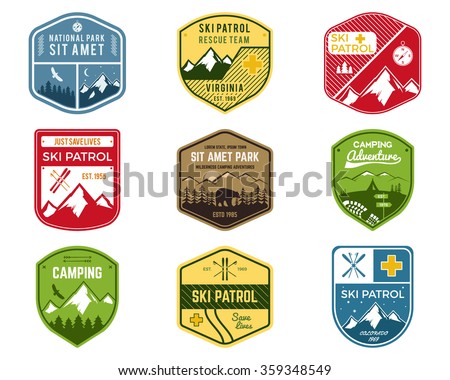 Foto stock: Hiking Club Badge Scout Adventure Camp Emblem Vintage Hand Drawn Design Retro Colors Wild Land D