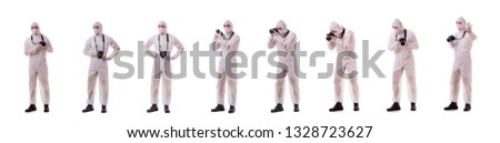 Zdjęcia stock: Forensic Specialist In Protective Suit Taking Photos On White