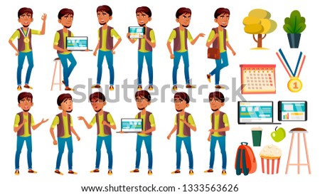 Foto stock: Teen Boy Poses Set Vector Arab Muslim Positive Person For Postcard Cover Placard Design Isola