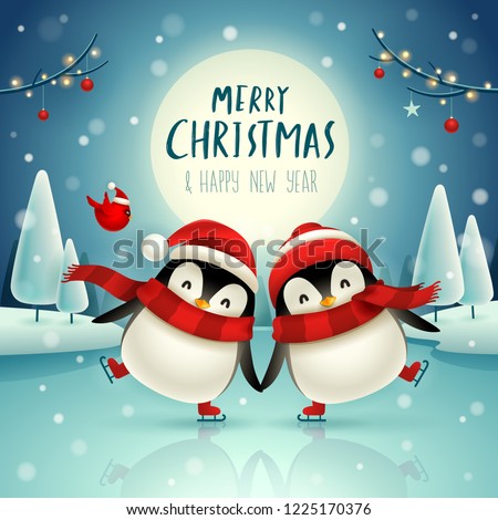 Foto d'archivio: Cute Little Penguins Under The Moonlight In Christmas Snow Scene