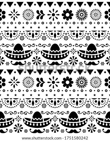 Foto d'archivio: Mexican Hat - Sombrero And Long Mustache Seamless Vector Floral Pattern - Textile Wallpaper Design