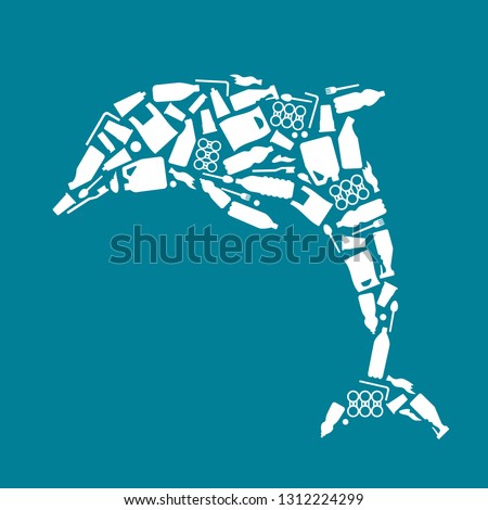 ストックフォト: Dolphin Composed Of White Plastic Waste Bag Bottle On Blue Bac