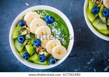 Stock fotó: Green Smoothie Or Yogurt Bowl With Fresh Kiwi Blueberries Lim