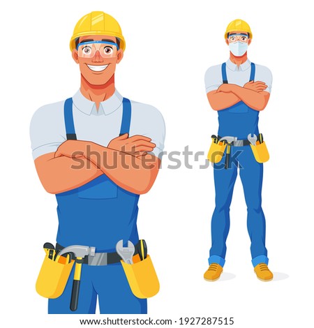 [[stock_photo]]: Handyman In Overalls Standing Arms Crossed Over White Backgound