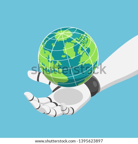 Imagine de stoc: Globe In The Hand Of The Robot Technology Concept Isolated Contains Clipping Path