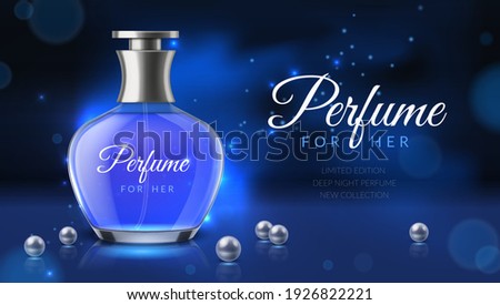 Stockfoto: Essence Perfume Ads Concept With Transparent Bottle And Bokeh Li