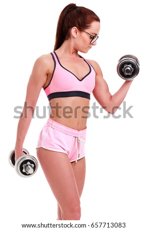 Foto stock: Clever Girl In Glasses With Dumbbells Isolated On Clear White Background