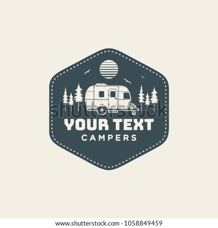 ストックフォト: Happy Camper Logo Design Vintage Bus Illustration Rv Truck Emblem Van Icon Template Surfing Equi