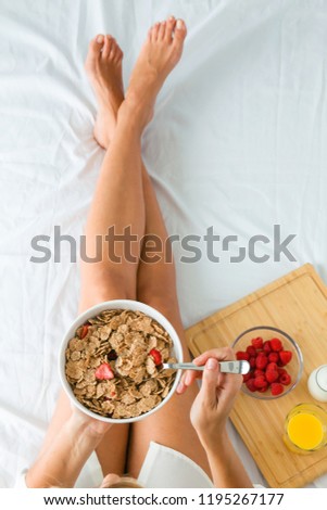 Foto stock: Young Beauty Blond Woman Having Breakfast In Bed Early Sunny Mor