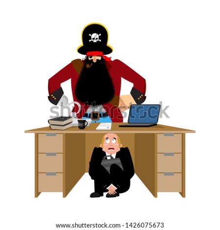 Foto d'archivio: Businessman Scared Under Table Of Pirate To Hide From Robbery