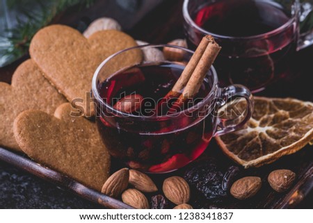 Foto stock: Christmas Drink - Ingredients For Mulled Wine Wood Spoons With Anise Stars Cinnamon Oranges On W