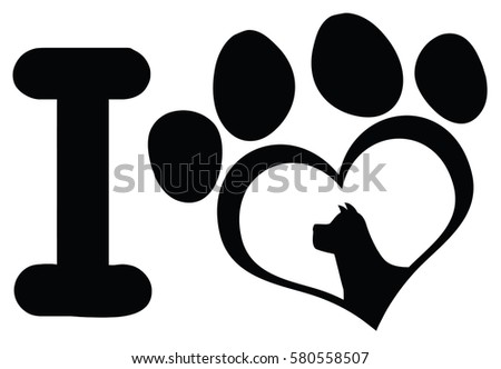 [[stock_photo]]: I Love With Black Heart Paw Print With Claws And Dog Head Silhouette Logo Design