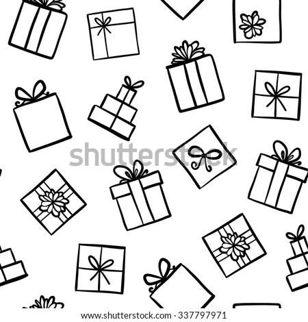 Stockfoto: Seamless Pattern With Different Textured Gift Boxes Hand Drawn Elements Background With Holiday De