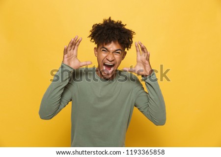 [[stock_photo]]: Portrait Of Excited African Man Having Stylish Afro Hairdo Screa