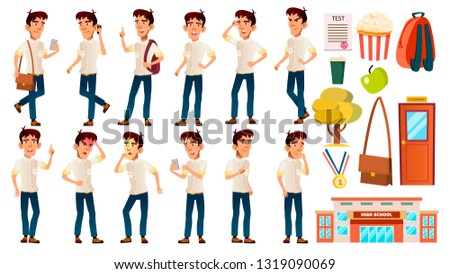 Foto stock: Asian Boy Vector High School Child White Shirt Stand Phone Backpack Teen For Web Poster Boo