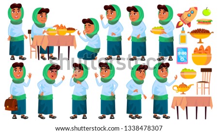 Zdjęcia stock: Arab Muslim Girl School Girl Kid Poses Set Vector Teenager Classroom Room For Advertising Boo