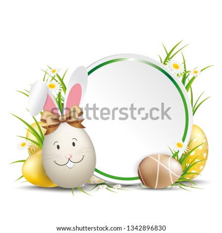 Stockfoto: Golden Happy Easter Eggs Label Hare Ears Circle Green Vintage