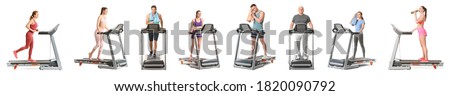 [[stock_photo]]: Man Running In A Gym On A Treadmill Against The Background Of A Big City Concept For Exercising Fi