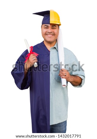 Foto stock: Split Screen Male Hispanic Graduate In Cap And Gown To Engineer