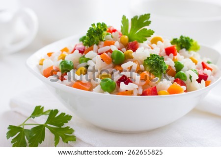 Foto stock: White Bowl With Boiled Organic Basmati Vegetable Rice With Wooden Chopsticks On Light Stone Backgrou