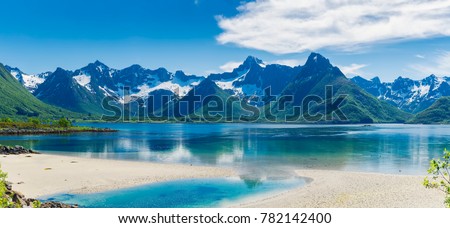 Foto stock: Picturesque Landscape With A Coast Of The Lake With Green Grass And Pink Flowers Sketch Of A Beauti