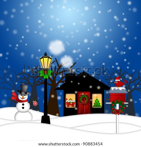 Stok fotoğraf: House With Lamp Post Snowman And Birdhouse Christmas Decoration
