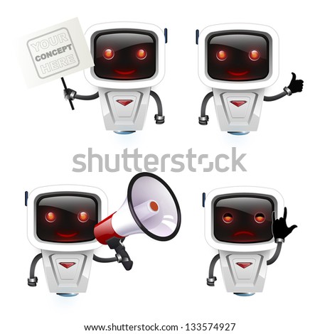 Stockfoto: Group Of Robots Holding White Business Card Isolated Clipping Path