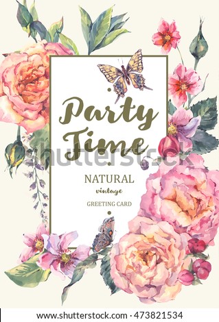 [[stock_photo]]: Vintage Floral Invitationcard With Butterfly Vector Illustration