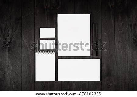 Foto stock: Stationery Set For Corporate Identity On Black Nior Wood Background Mock Up For Branding Business