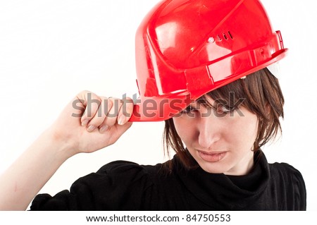 Stok fotoğraf: Beauty Brunette Young Woman In Builder Outfit And Black Bikini