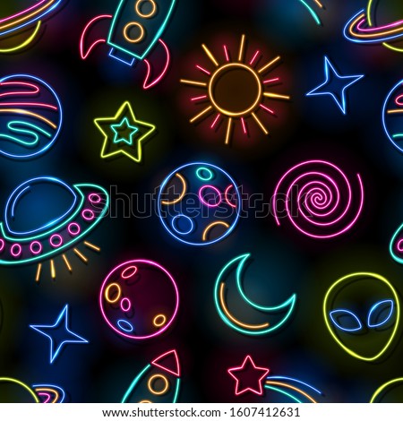 Foto d'archivio: Space Seamless Pattern Planets And Rockets Ufo And Alien Sate