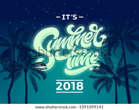 Stockfoto: Summer Time Party Background Palm Leaf Sky Night Travel Poster Event Vector Illustration