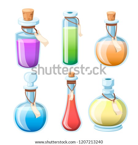 Сток-фото: Set Of Magic Potions In Glass Flasks Isolated On Blue Background Sketch For Stickers Card Seamles