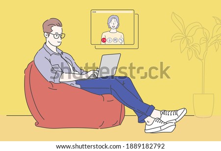 ストックフォト: Work At Home Concept Freelance Worker Sitting On Lazy Bag With Lap Top Workplace Concept Flat Vec