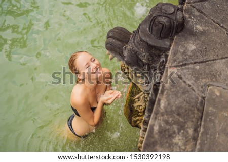 Stock photo: Young Woman Tourist In Belulang Hot Springs In Bali On The Background Of Rice Terraces Banner Long