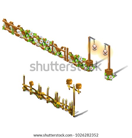 Stok fotoğraf: A Set Of Fragments Of A Wooden Fence Decorated With Fresh Autumn Fruits And Wreath Of Autumn Trees L