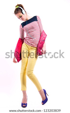 Foto d'archivio: Girl In Pink Pants Woman Disco Dance Isolate On White Background