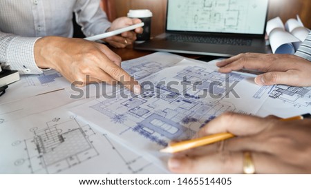 Zdjęcia stock: Confident Engineer Team Working With Blue Print With Architect E