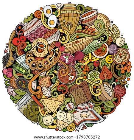 Foto stock: Russian Food Hand Drawn Vector Doodles Round Illustration Russia Cuisine Poster