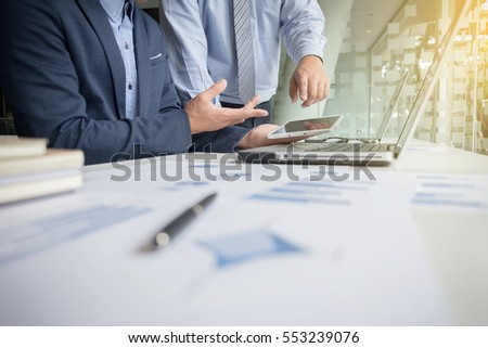 Stockfoto: Team Work Process Two Business Managers Crew Working With New S