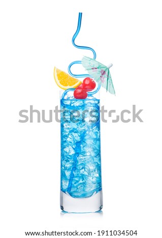 Zdjęcia stock: Blue Lagoon Cocktail Highball Glass With Straw And Orange Slice With Sweet Cherry And Umbrella On Wh