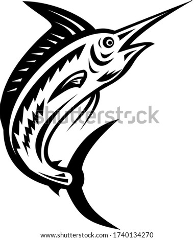 Stock photo: Atlantic Blue Marlin Jumping Up Retro Woodcut Black And White