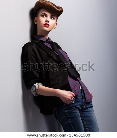 [[stock_photo]]: Modish Trend Independent Nifty Woman In Pin Up Costume In Reverie Elegance