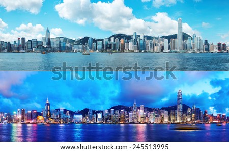 Stockfoto: Night Aerial View Panorama Of Hong Kong Skyline And Victoria Harbor