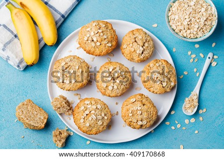 Stock photo: Healthy Vegan Oat Muffins Apple And Banana Cakes With Sour Cream On A White Plate