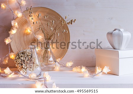 Stock fotó: Soft Home Decor Of Glass Vase With Spikelets On White Wood Background