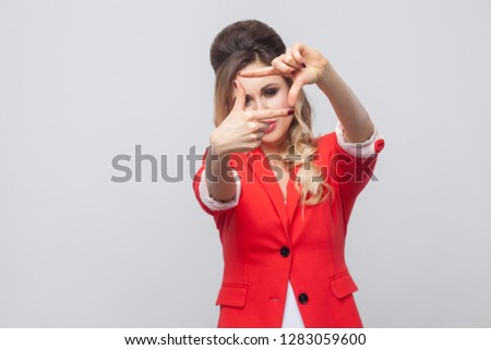 Foto stock: Picture Of Beautiful Woman In Red Blazer Standing With Documents In Hands